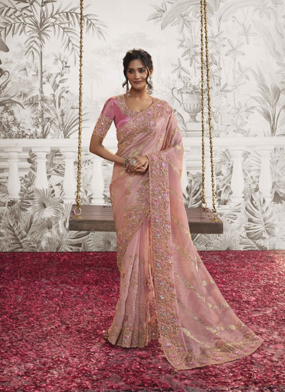 Pink Wedding Saree With Embroidery and Zari Work