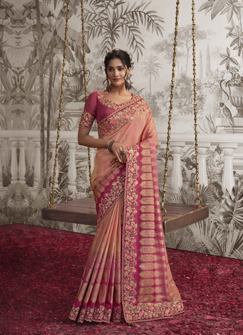 Peach Wedding Saree With Embroidery and Zari Work