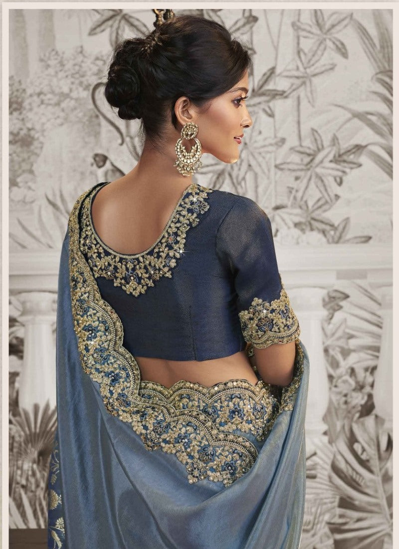 Blue Wedding Saree With Embroidery and Zari Work-2