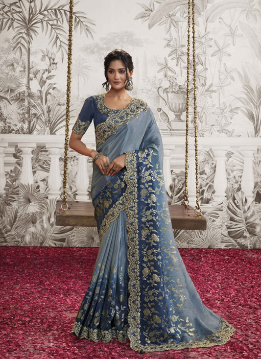 Blue Wedding Saree With Embroidery and Zari Work