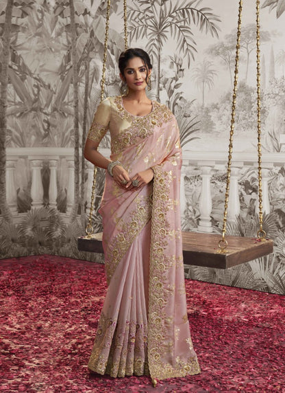 Pink Wedding Saree With Embroidery and Zari Work