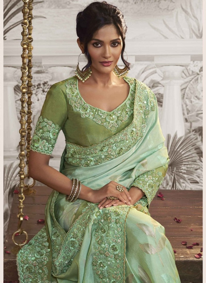 Green Wedding Saree With Embroidery and Zari Work-2