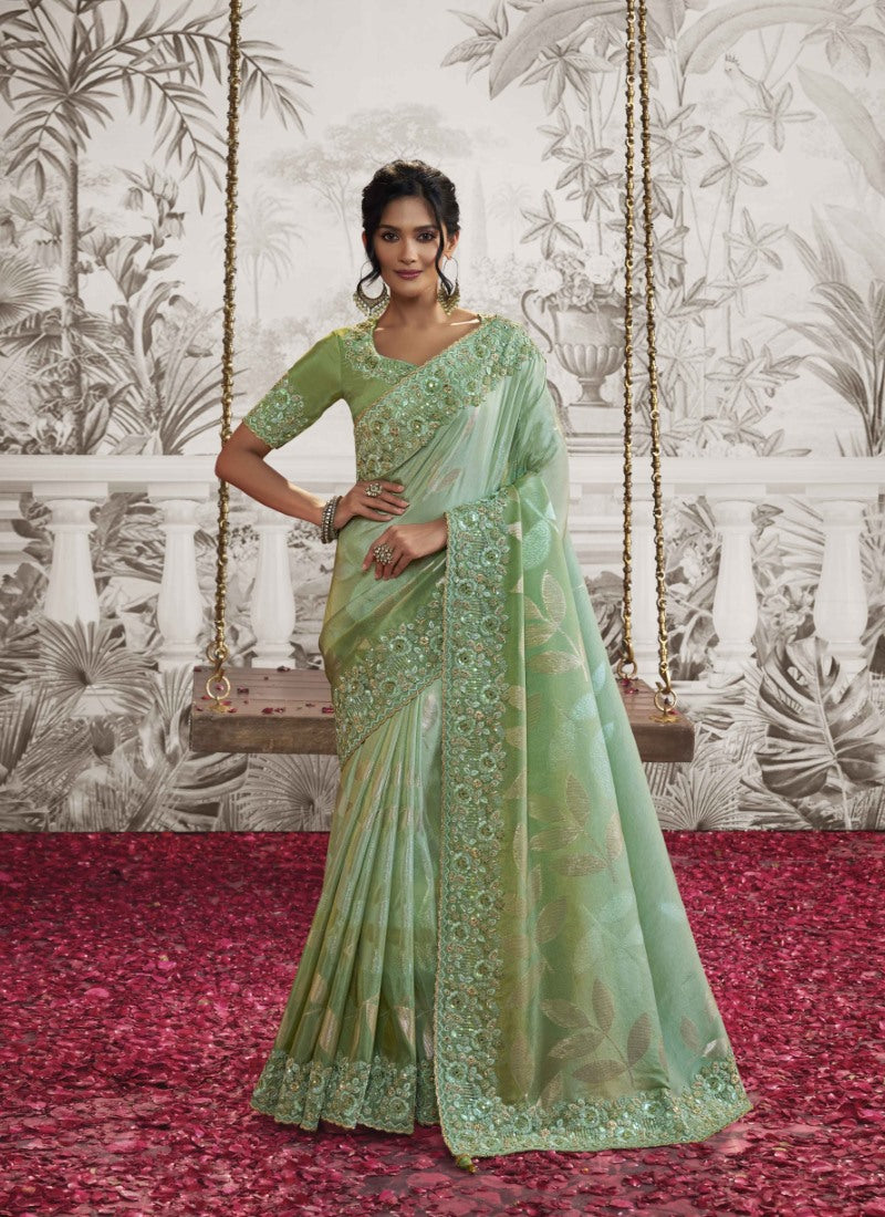 Green Wedding Saree With Embroidery and Zari Work