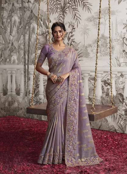 Light Purple Wedding Saree With Embroidery and Zari Work