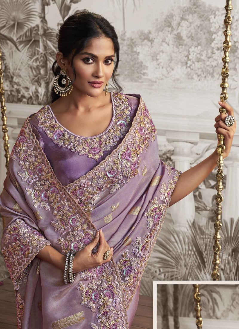 Light Purple Wedding Saree With Embroidery and Zari Work-2