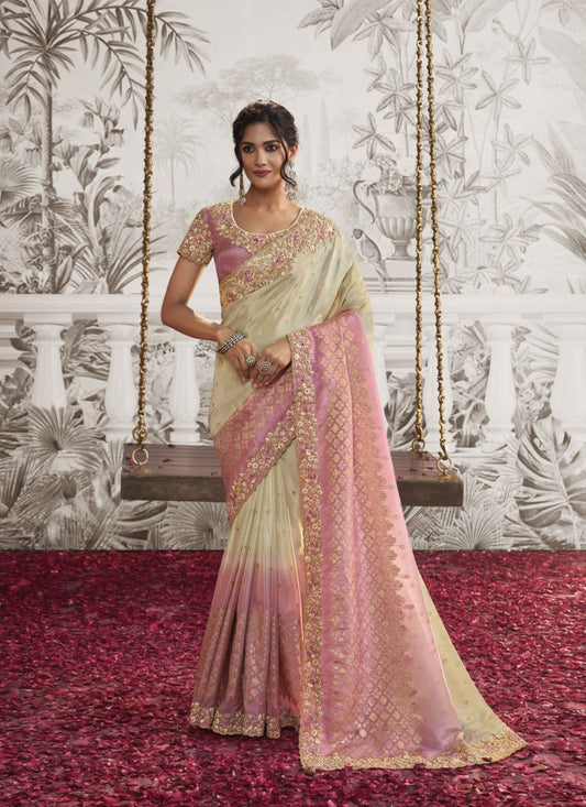 Off White Wedding Saree With Embroidery and Zari Work