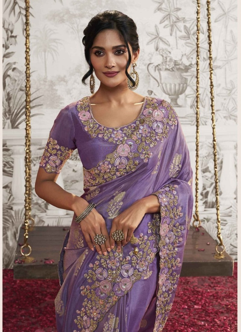 Violet Wedding Saree With Embroidery and Zari Work-2