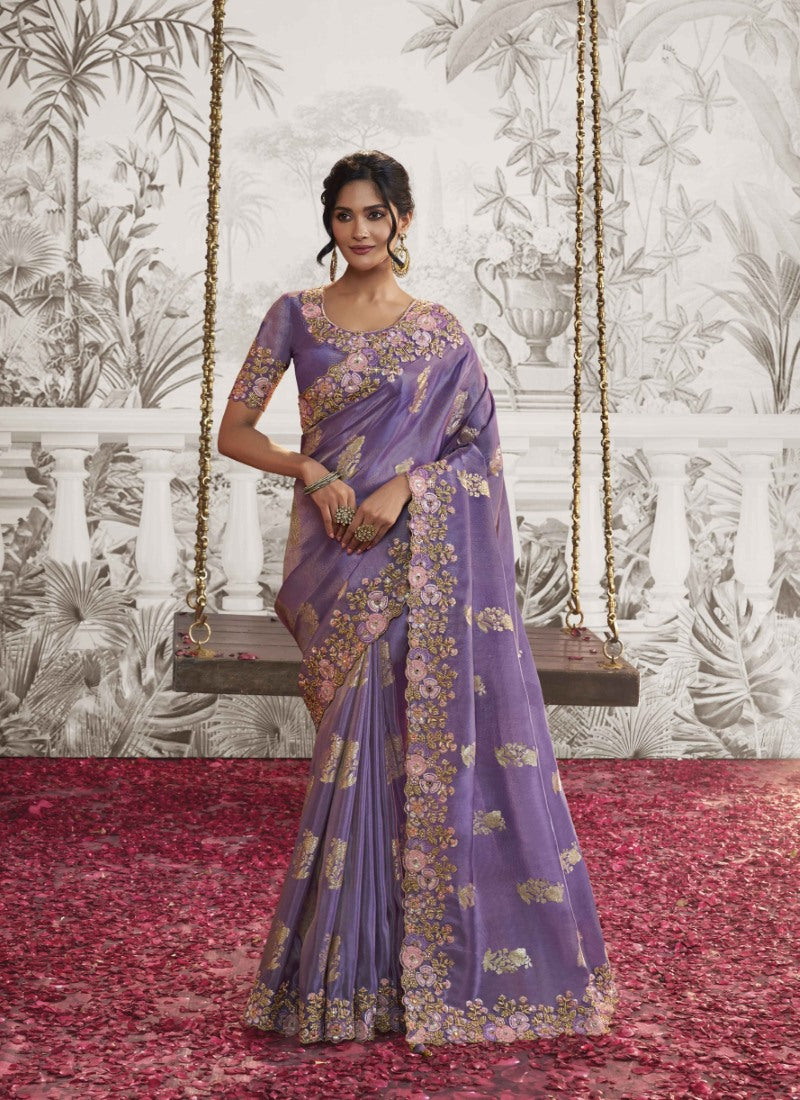 Violet Wedding Saree With Embroidery and Zari Work