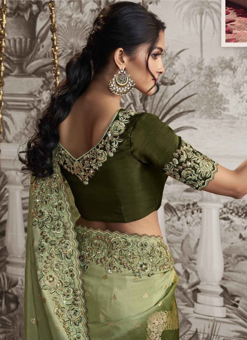 Green Wedding Saree With Embroidery and Zari Work-2