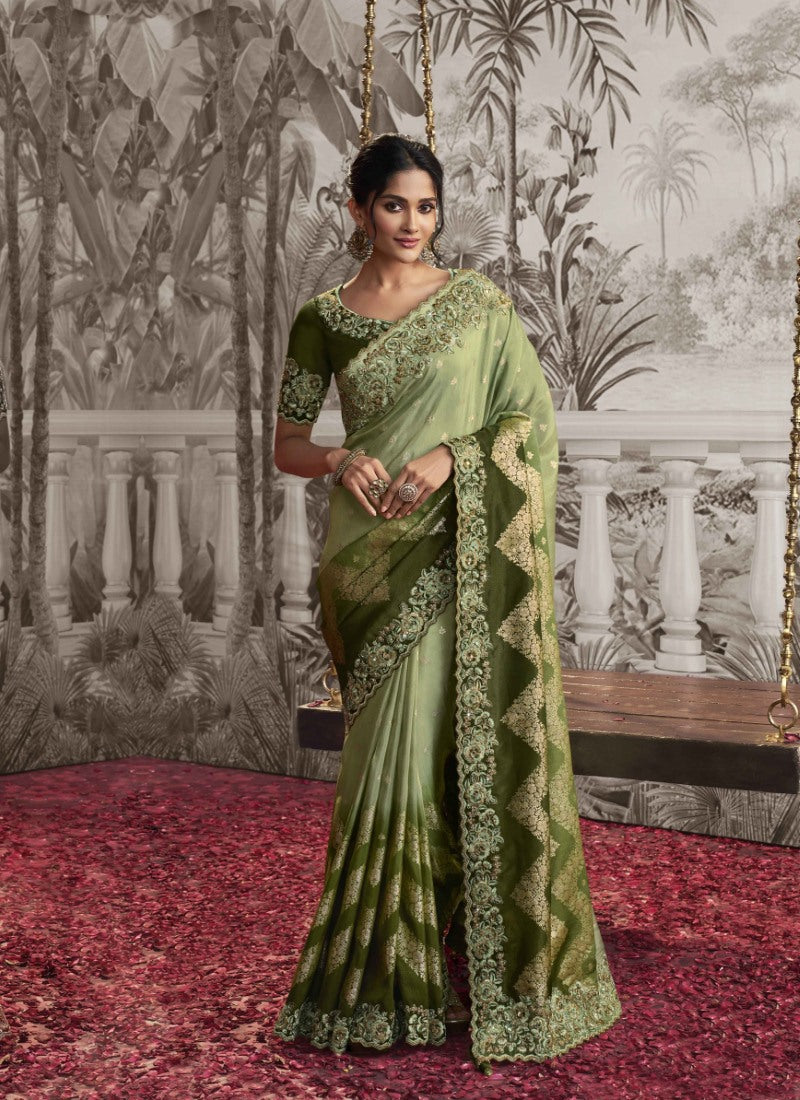 Green Wedding Saree With Embroidery and Zari Work