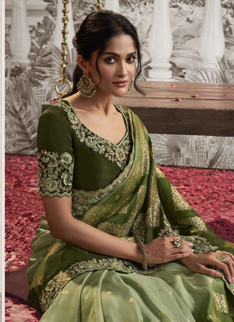 Green Wedding Saree With Embroidery and Zari Work-2