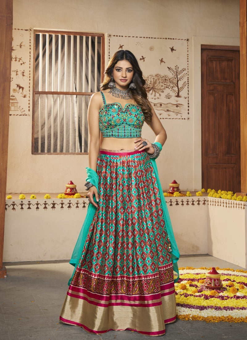 Aqua Silk Lehenga Choli With Thread and Mirror Work