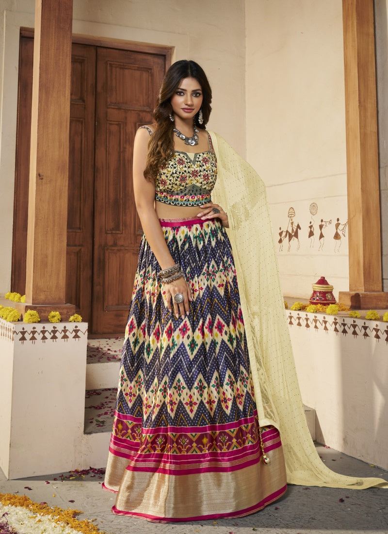 Cream Silk Lehenga Choli With Thread and Mirror Work-2