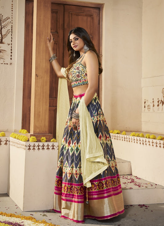 Cream Silk Lehenga Choli With Thread and Mirror Work