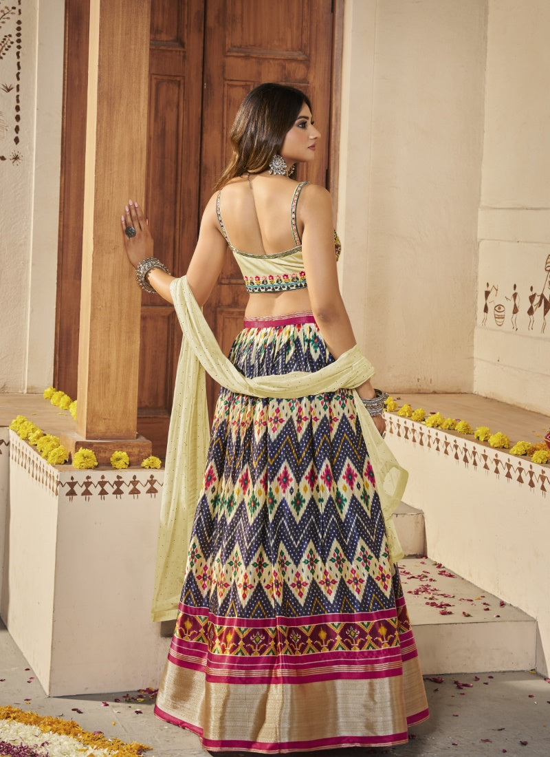 Cream Silk Lehenga Choli With Thread and Mirror Work-2