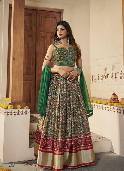 Green Silk Lehenga Choli With Thread and Mirror Work