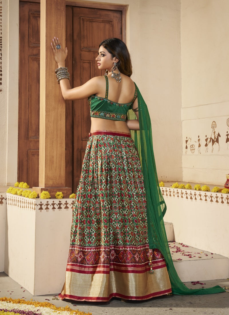 Green Silk Lehenga Choli With Thread and Mirror Work-2