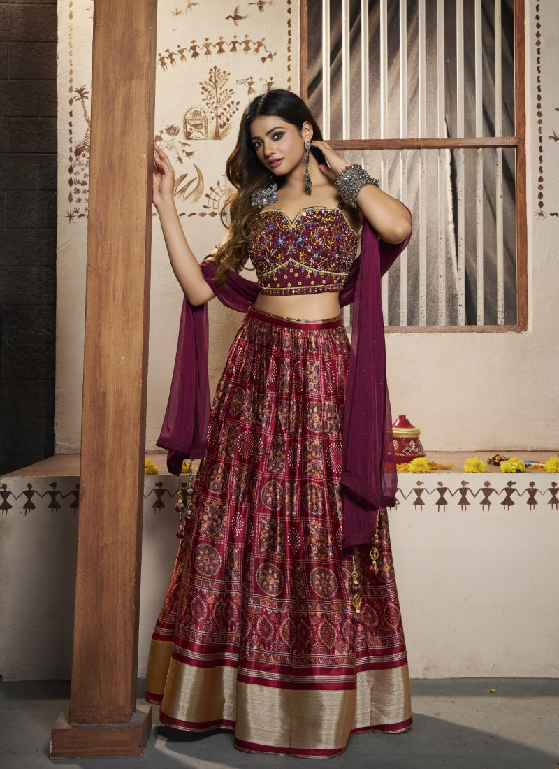 Wine Silk Lehenga Choli With Thread and Mirror Work