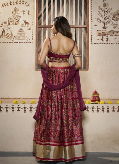 Wine Silk Lehenga Choli With Thread and Mirror Work-2