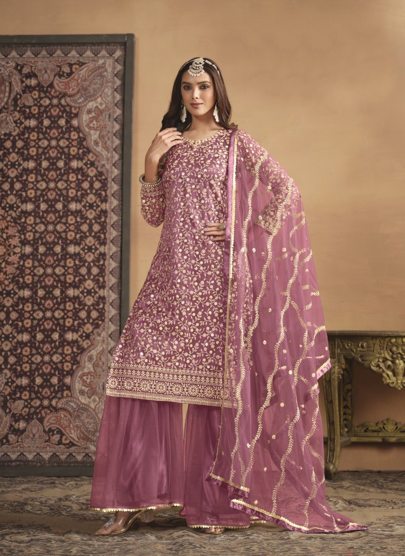 Pink Wide Palazzo Suit With Embroidery Work