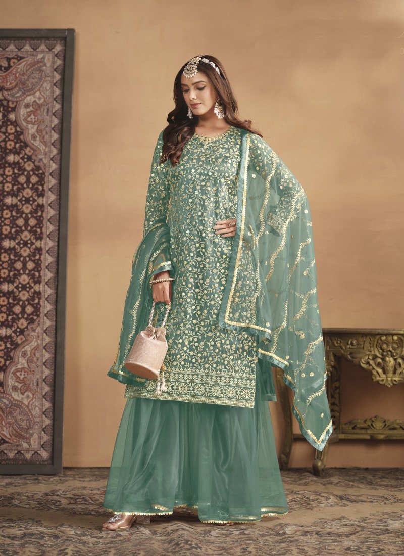 Sea Green Wide Palazzo Suit With Embroidery Work