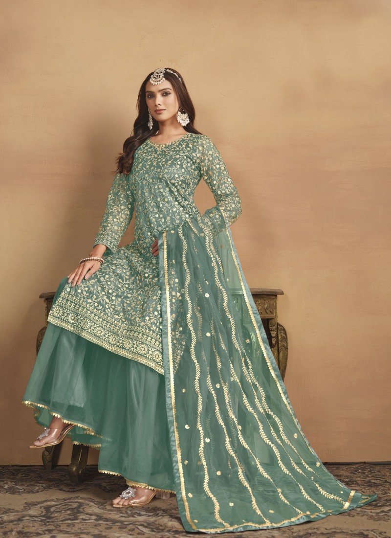 Sea Green Wide Palazzo Suit With Embroidery Work-2