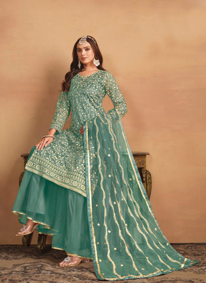 Sea Green Wide Palazzo Suit With Embroidery Work-2