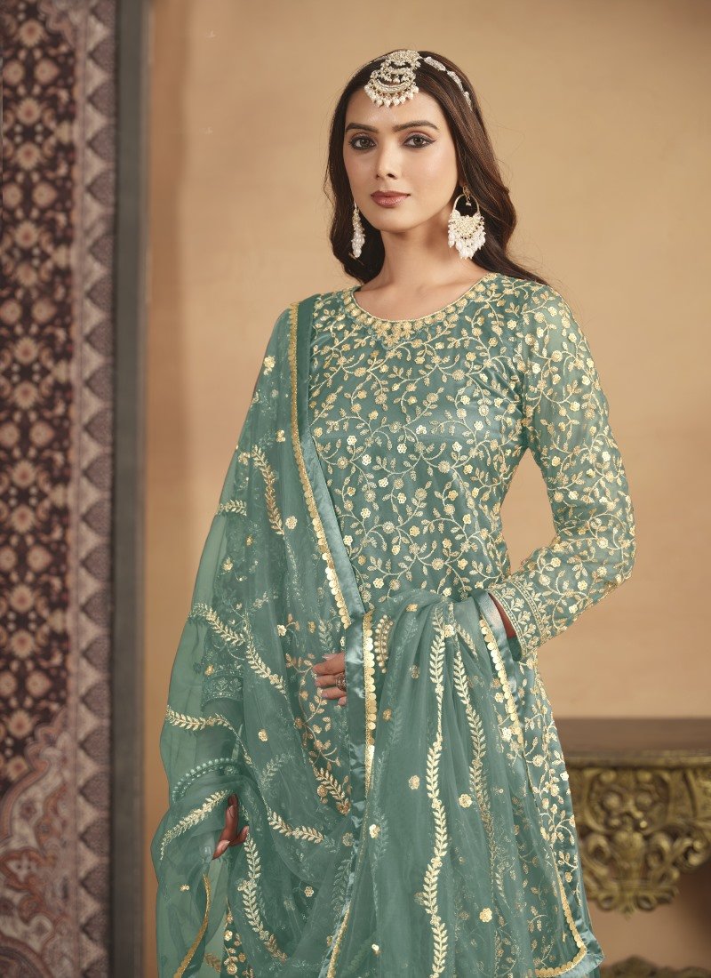 Sea Green Wide Palazzo Suit With Embroidery Work-2