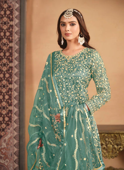 Sea Green Wide Palazzo Suit With Embroidery Work-2