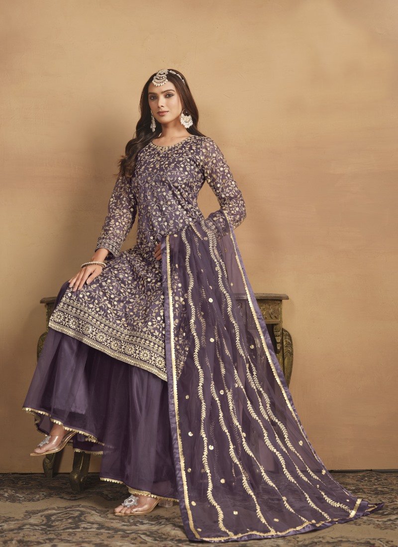 Purple Wide Palazzo Suit With Embroidery Work-2