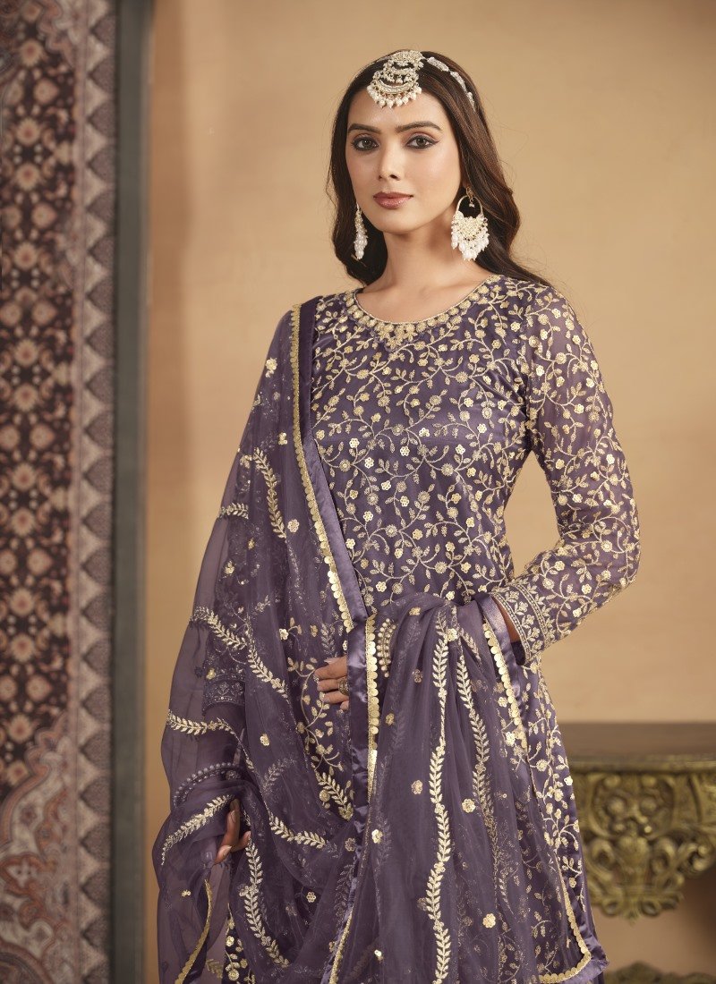 Purple Wide Palazzo Suit With Embroidery Work-2