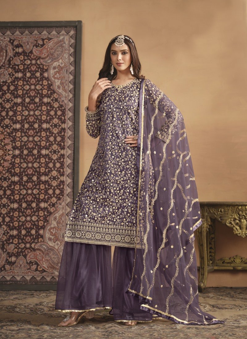 Purple Wide Palazzo Suit With Embroidery Work