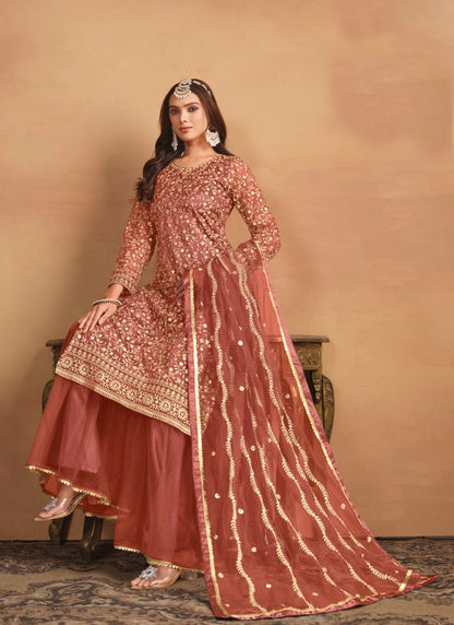 Orange Wide Palazzo Suit With Embroidery Work-2