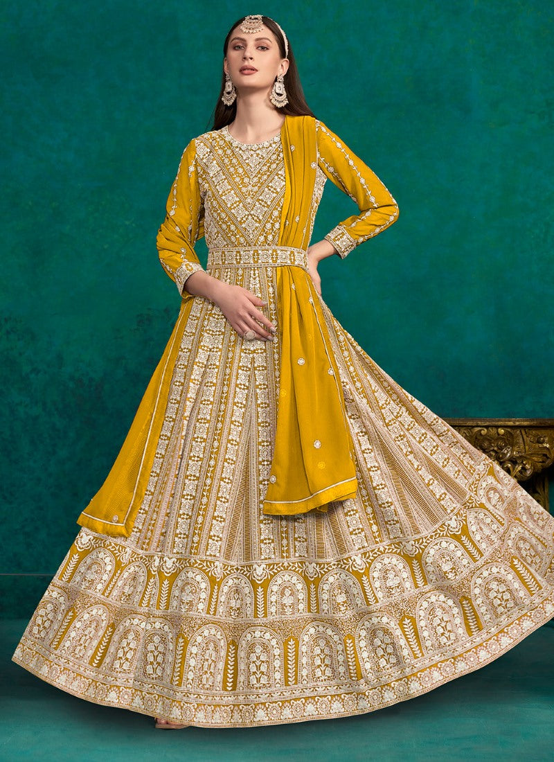 Yellow Georgette Long Anarkali Suit With Embroidery Work