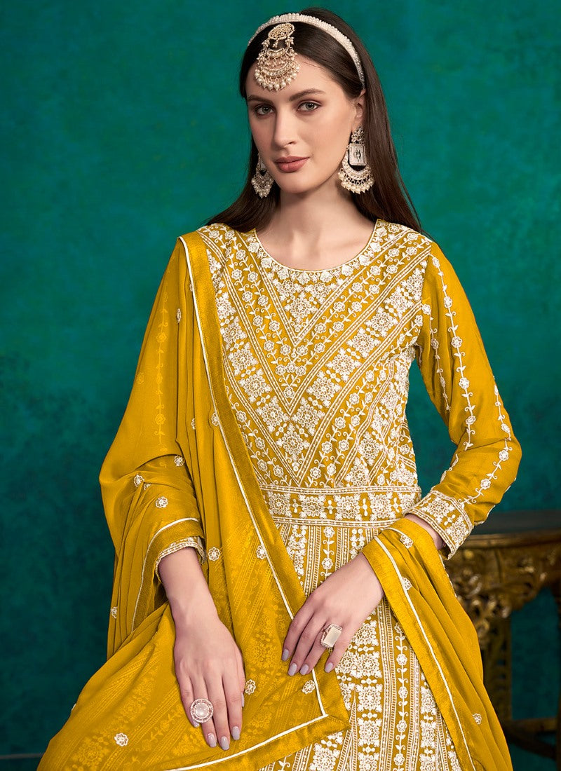 Yellow Georgette Long Anarkali Suit With Embroidery Work