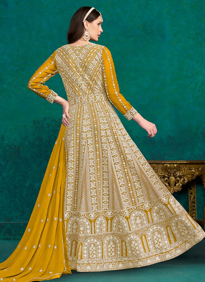 Yellow Georgette Long Anarkali Suit With Embroidery Work