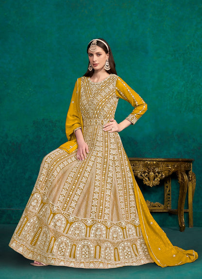 Yellow Georgette Long Anarkali Suit With Embroidery Work