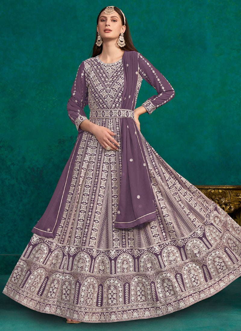 Purple Georgette Long Anarkali Suit With Embroidery Work