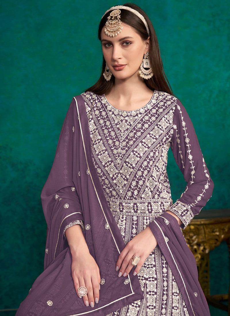 Purple Georgette Long Anarkali Suit With Embroidery Work