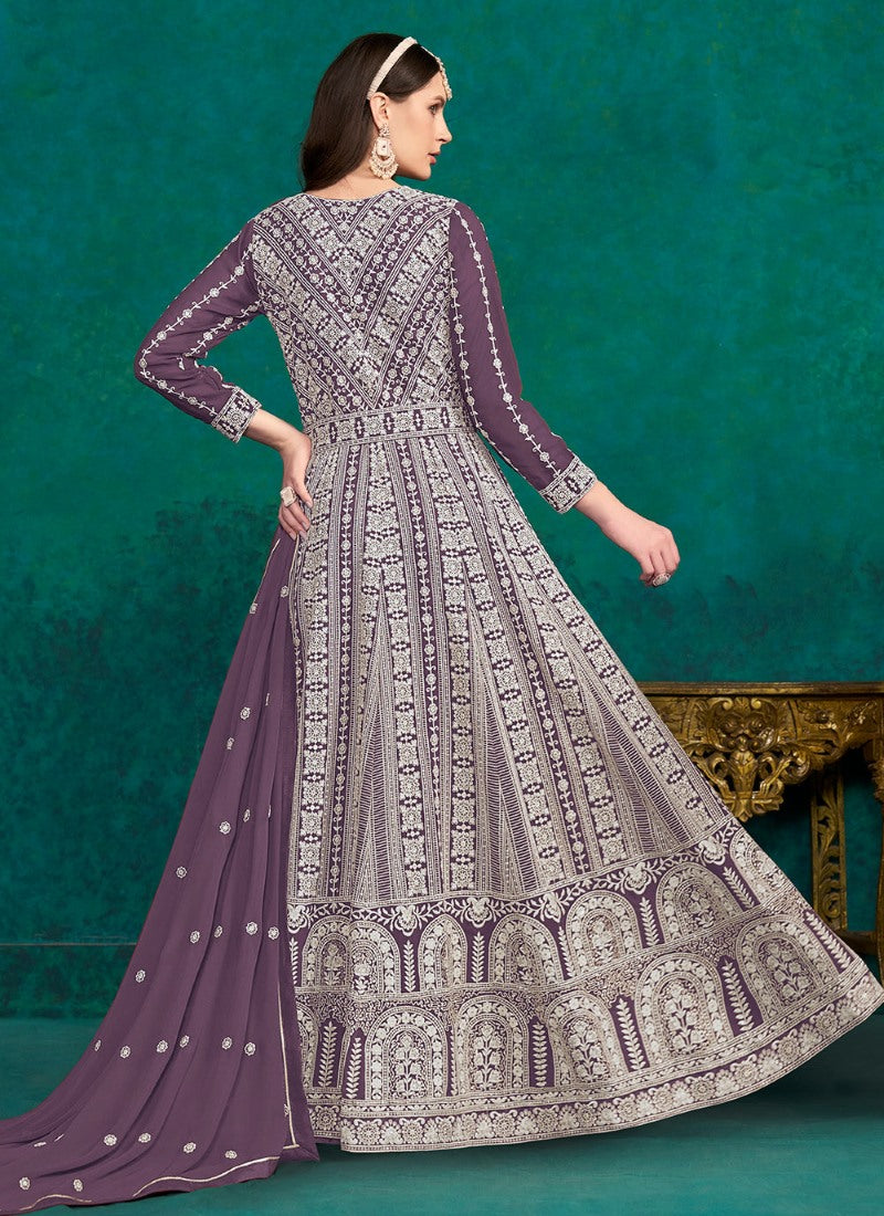 Purple Georgette Long Anarkali Suit With Embroidery Work