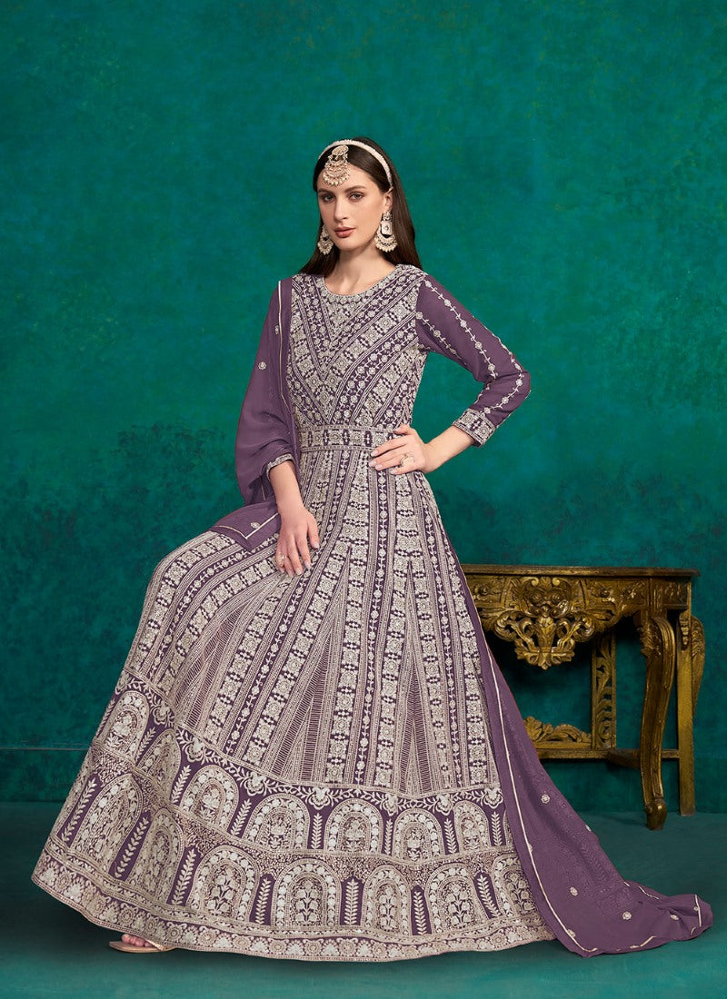 Purple Georgette Long Anarkali Suit With Embroidery Work