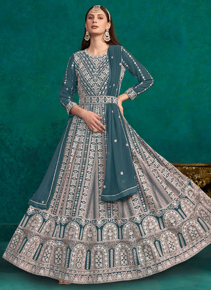 Teal Blue Georgette Long Anarkali Suit With Embroidery Work