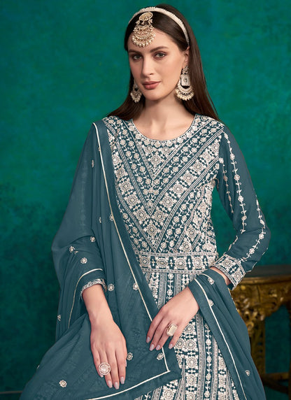 Teal Blue Georgette Long Anarkali Suit With Embroidery Work