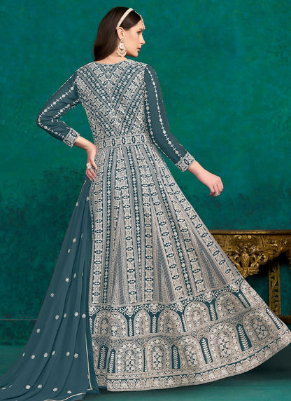 Teal Blue Georgette Long Anarkali Suit With Embroidery Work