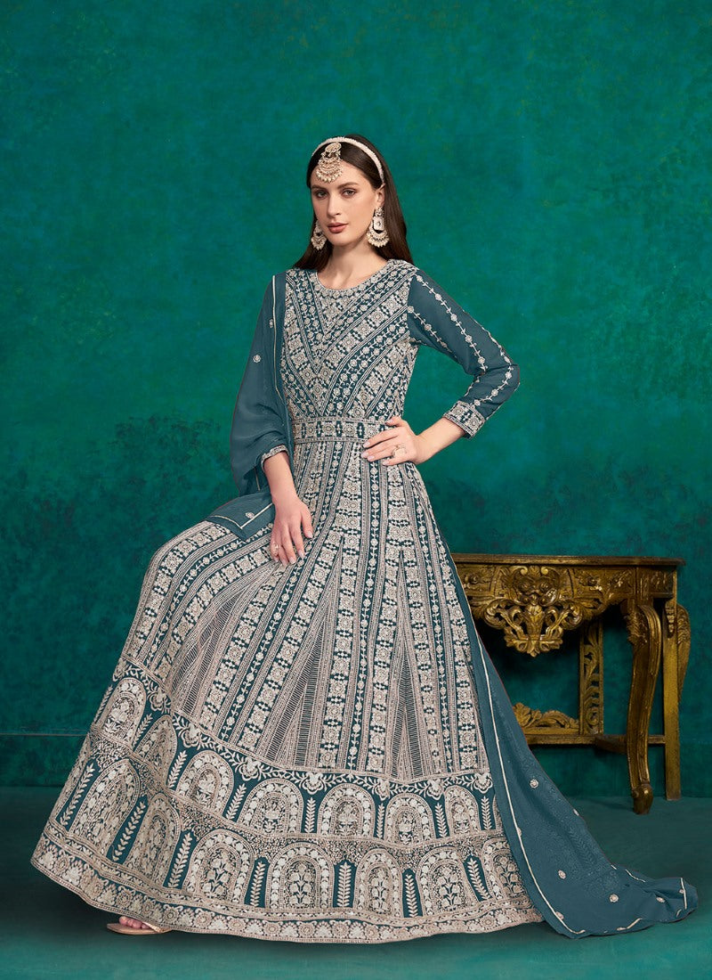 Teal Blue Georgette Long Anarkali Suit With Embroidery Work