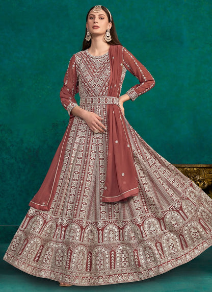 Maroon Georgette Long Anarkali Suit With Embroidery Work