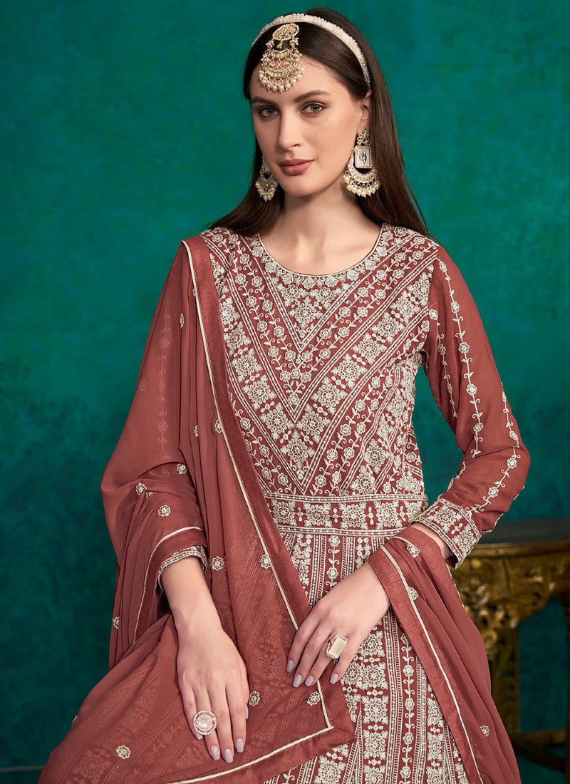 Maroon Georgette Long Anarkali Suit With Embroidery Work