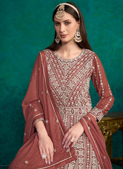 Maroon Georgette Long Anarkali Suit With Embroidery Work