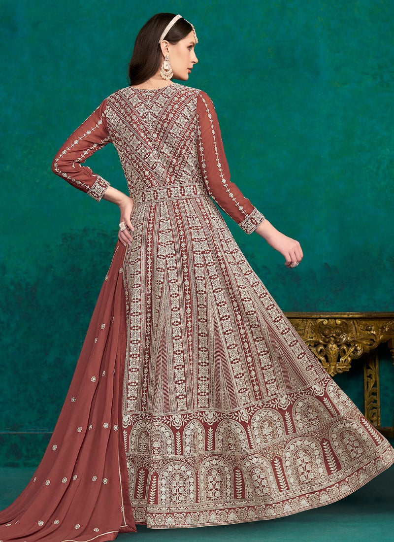 Maroon Georgette Long Anarkali Suit With Embroidery Work