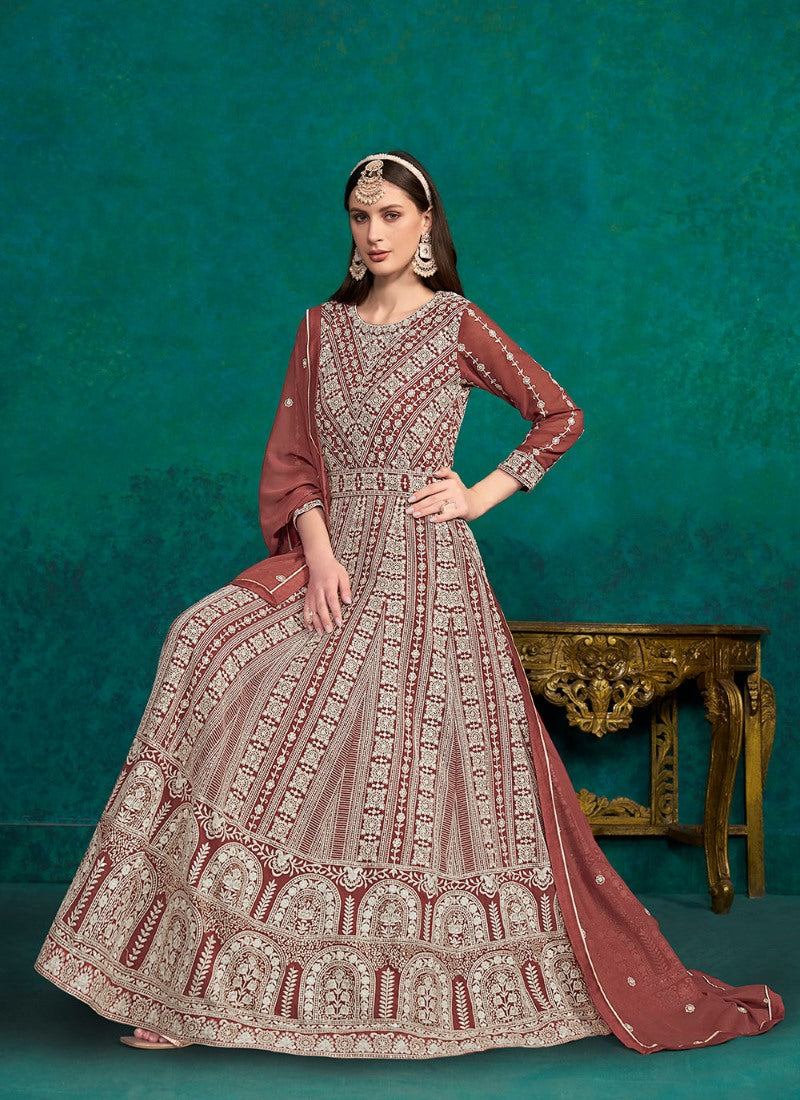 Maroon Georgette Long Anarkali Suit With Embroidery Work